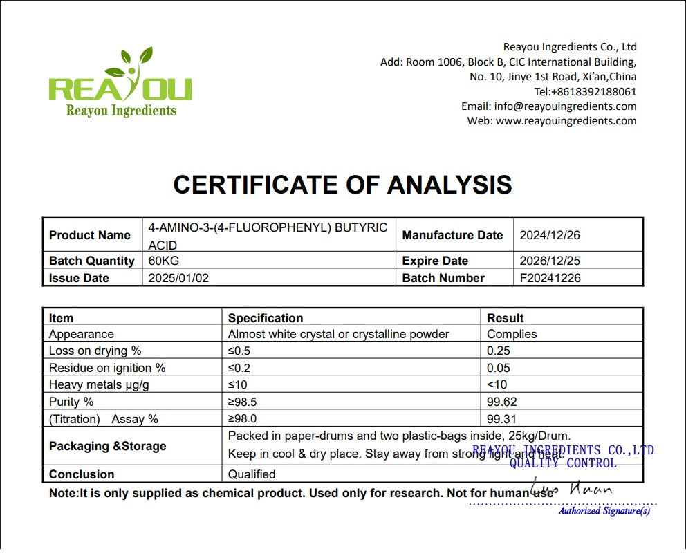 Certificate of Analysis for a chemical product from Reayou Ingredients Co., Ltd.