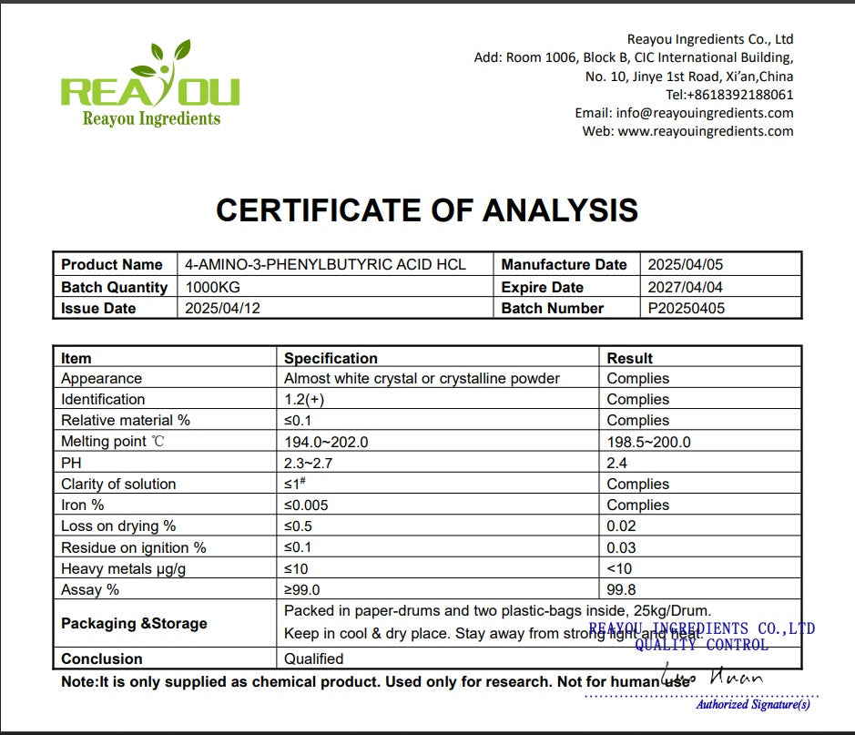 Certificate of Analysis for a chemical product from Reayou Ingredients Co., Ltd.