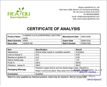 Certificate of Analysis for a chemical product from Reayou Ingredients Co., Ltd.