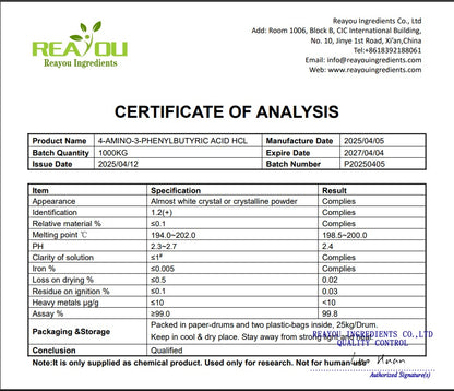 Certificate of Analysis for a chemical product from Reayou Ingredients Co., Ltd.